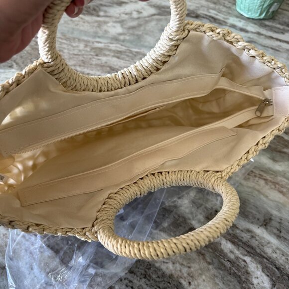 NEW Beige Bamboo Woven Semicircle Tote Handbag - Picture 9 of 12